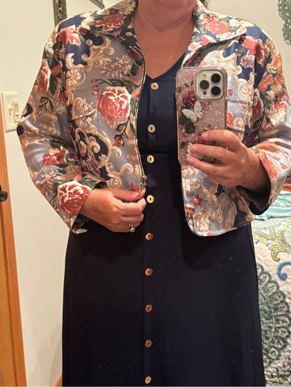 Classiques for Nordstrom Floral Brocade Cropped Jacket in Navy and Rose - Size L